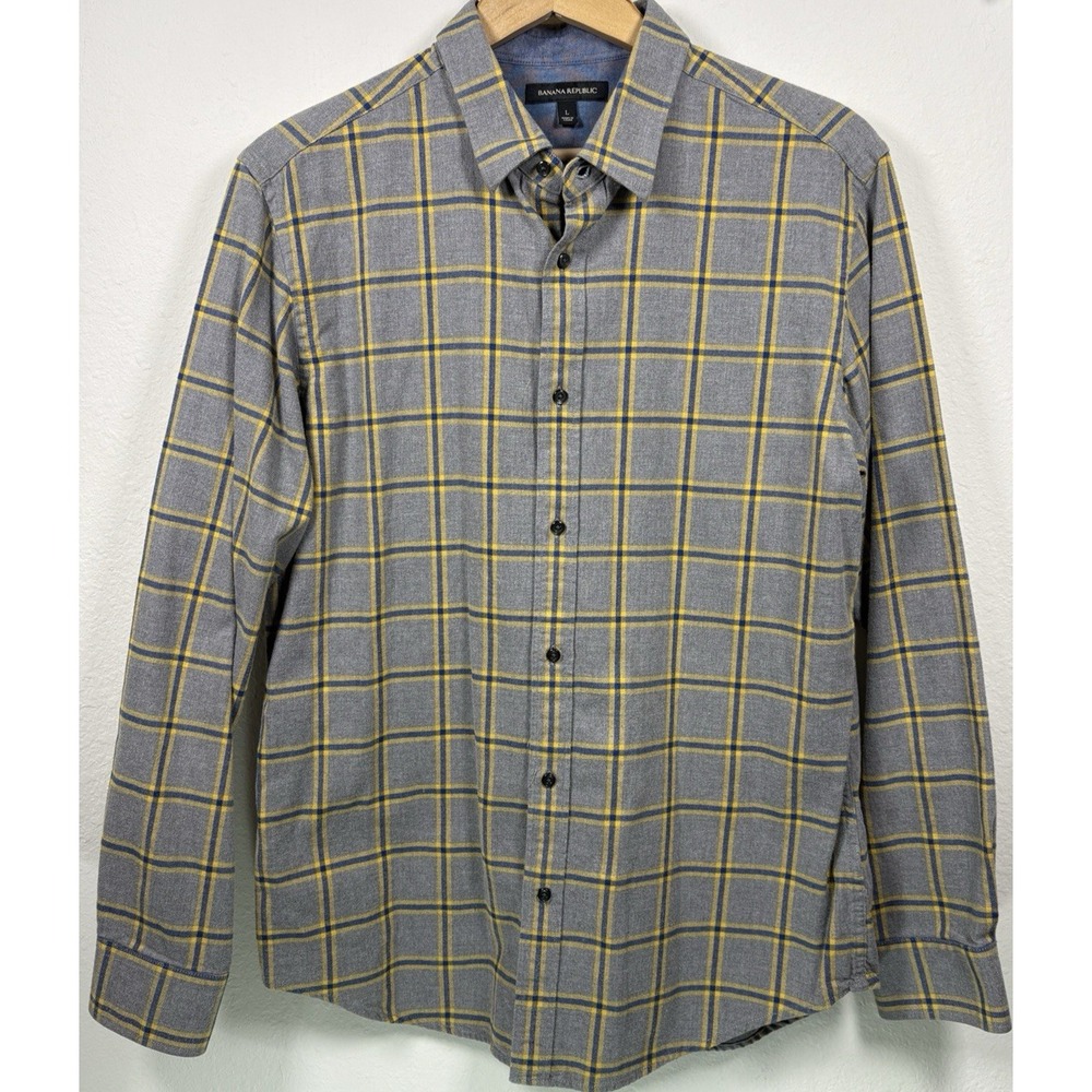 Banana Republic Plaid Men's Button Down Shirt L Gray Yellow Soft Casual Smart